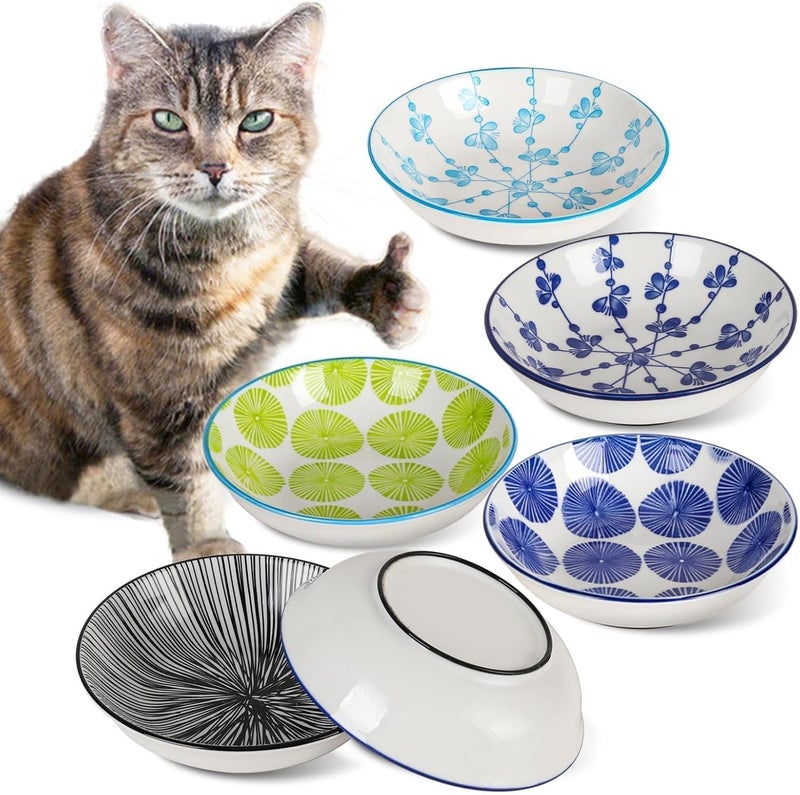 HAPPY KIT Ceramic Cat Bowls with Non-Slip Silicone Bottom,Prevent Whisker Fatigue,Reduce Mess,Wide Cat Bowls for Indoor Cats,6 Colorful Set for Daily Feeding Gift Choice (Classic) - Image 1